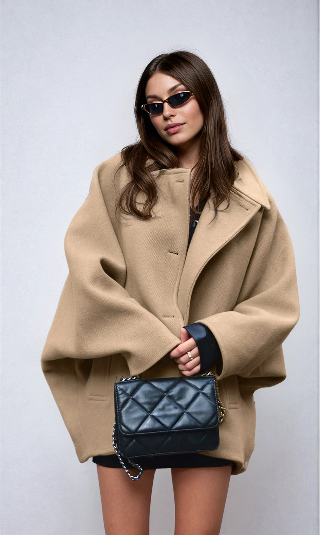 Oversized Wool-Blend Coat Women's Camel Lapel Button-Up – Casual, Office, Holiday, Gift