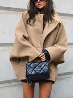 Oversized Wool-Blend Coat Women's Camel Lapel Button-Up – Casual, Office, Holiday, Gift