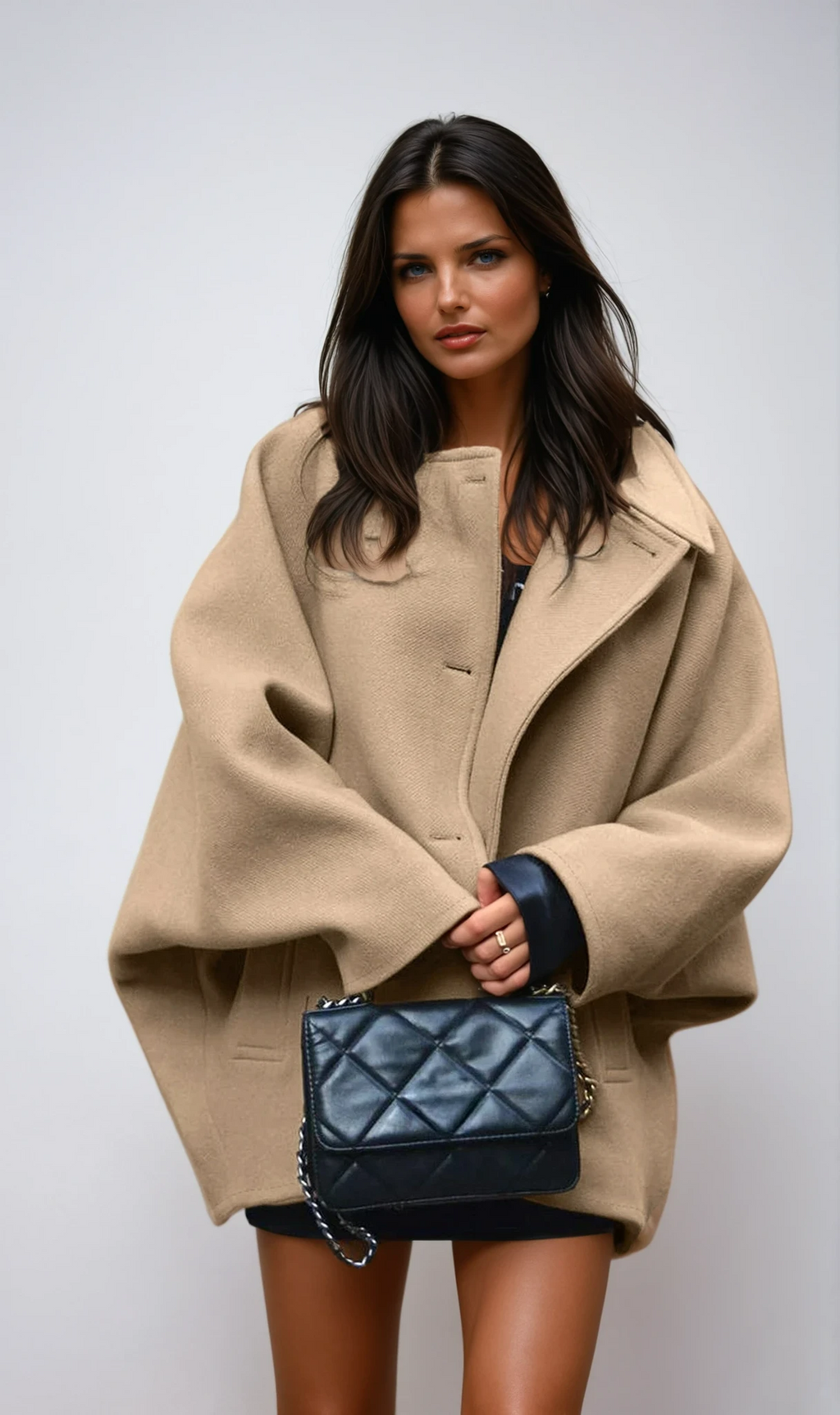 Oversized Wool-Blend Coat Women's Camel Lapel Button-Up – Casual, Office, Holiday, Gift