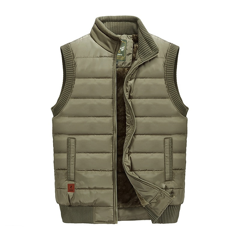 Padded Gilet Fleece-Lined Men's Khaki Sleeveless Body Warmer – Casual, Winter Outdoor