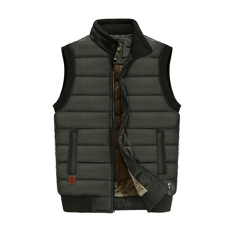 Padded Gilet Fleece-Lined Men's Khaki Sleeveless Body Warmer – Casual, Winter Outdoor
