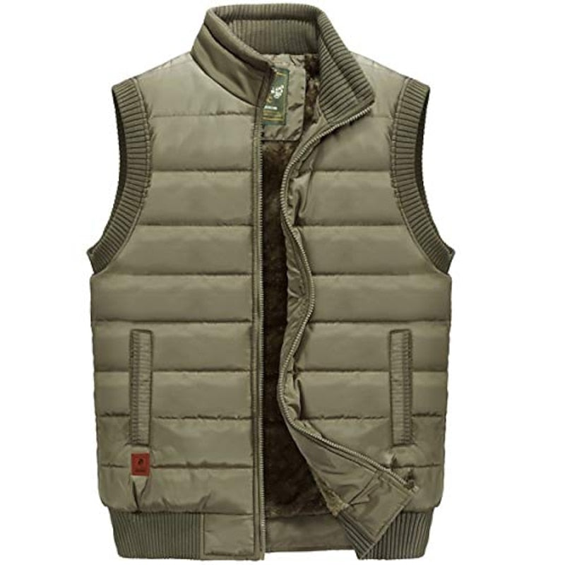 Padded Gilet Fleece-Lined Men's Khaki Sleeveless Body Warmer – Casual, Winter Outdoor