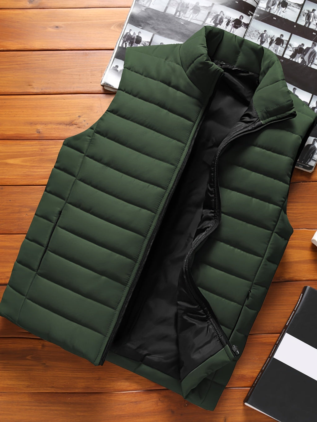 Padded Gilet Men's Quilted Stand-Collar Zip Vest Green – Casual, Outdoor Layering