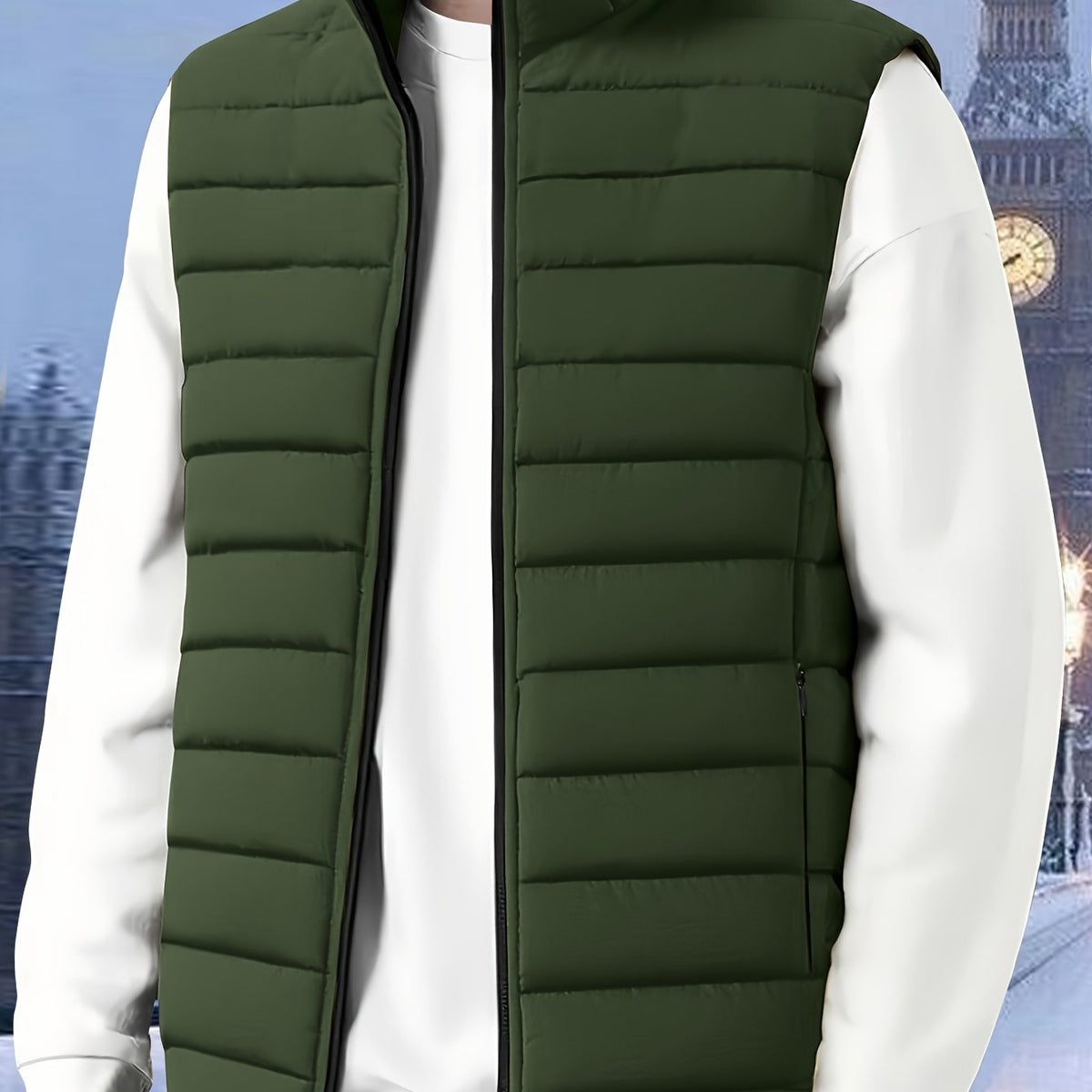 Padded Gilet Men's Quilted Stand-Collar Zip Vest Green – Casual, Outdoor Layering