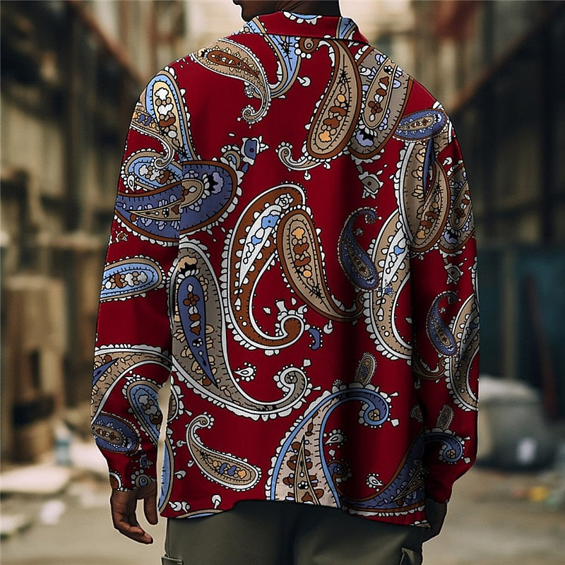 Paisley Print Overshirt Men's Long Sleeve Button Shirt Jacket Red Blue – Casual, Holiday, Office, Gift