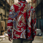 Paisley Print Overshirt Men's Long Sleeve Button Shirt Jacket Red Blue – Casual, Holiday, Office, Gift