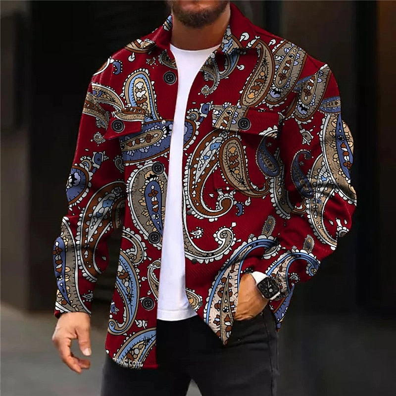 Paisley Print Overshirt Men's Long Sleeve Button Shirt Jacket Red Blue – Casual, Holiday, Office, Gift