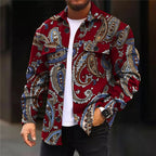 Paisley Print Overshirt Men's Long Sleeve Button Shirt Jacket Red Blue – Casual, Holiday, Office, Gift