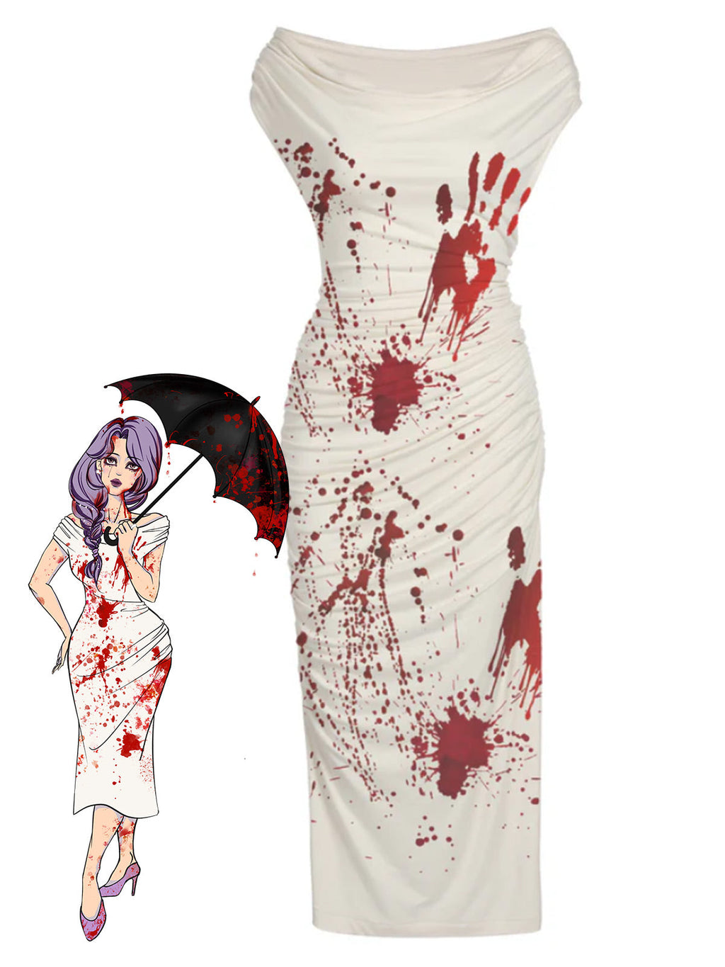 Pencil Dress Ruched Blood Splatter Print Women's Bodycon Midi – Halloween, Costume Party, Cosplay