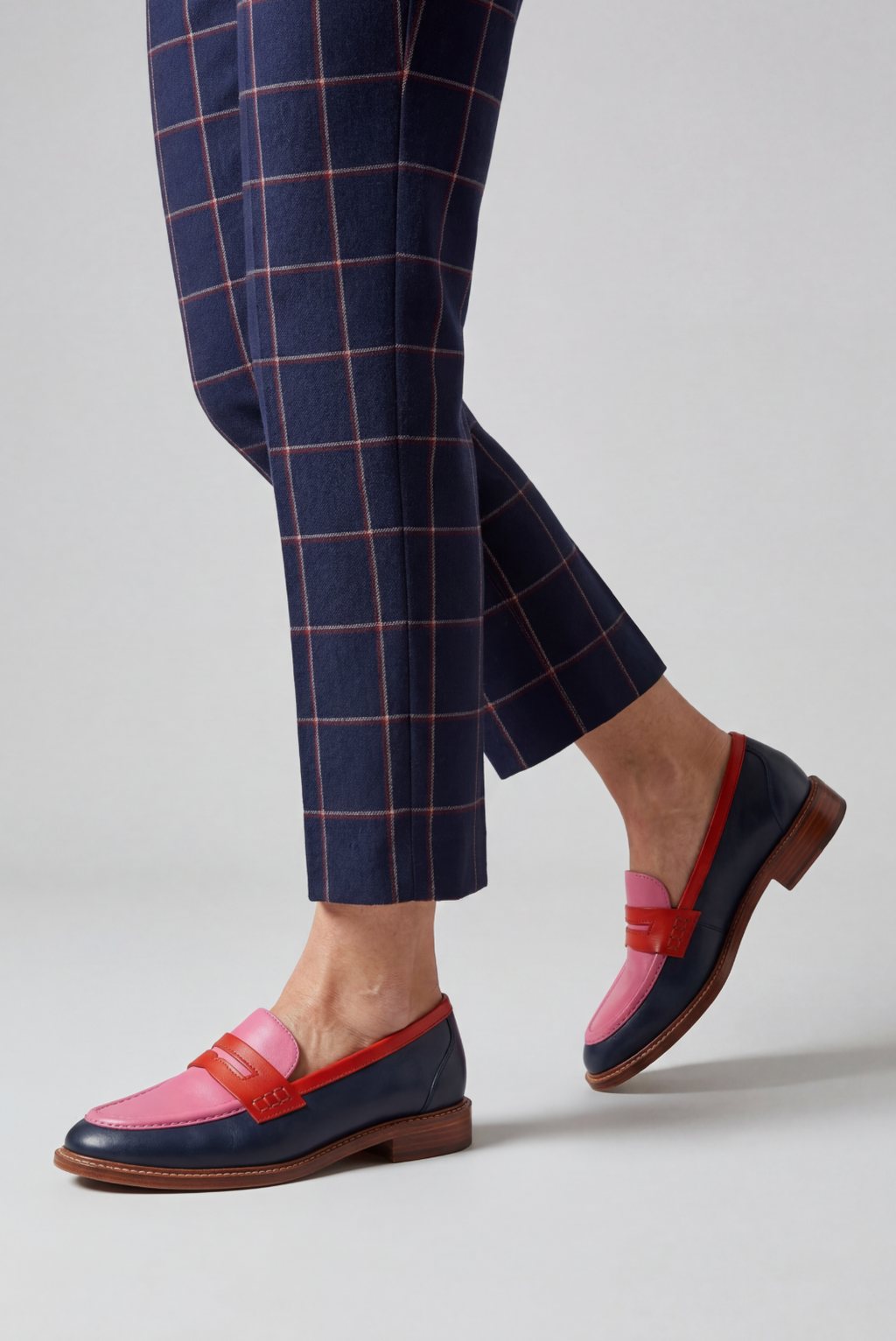 Penny Loafers Leather Colour-Block Navy Pink Women's – Casual, Office, Holiday, Gift