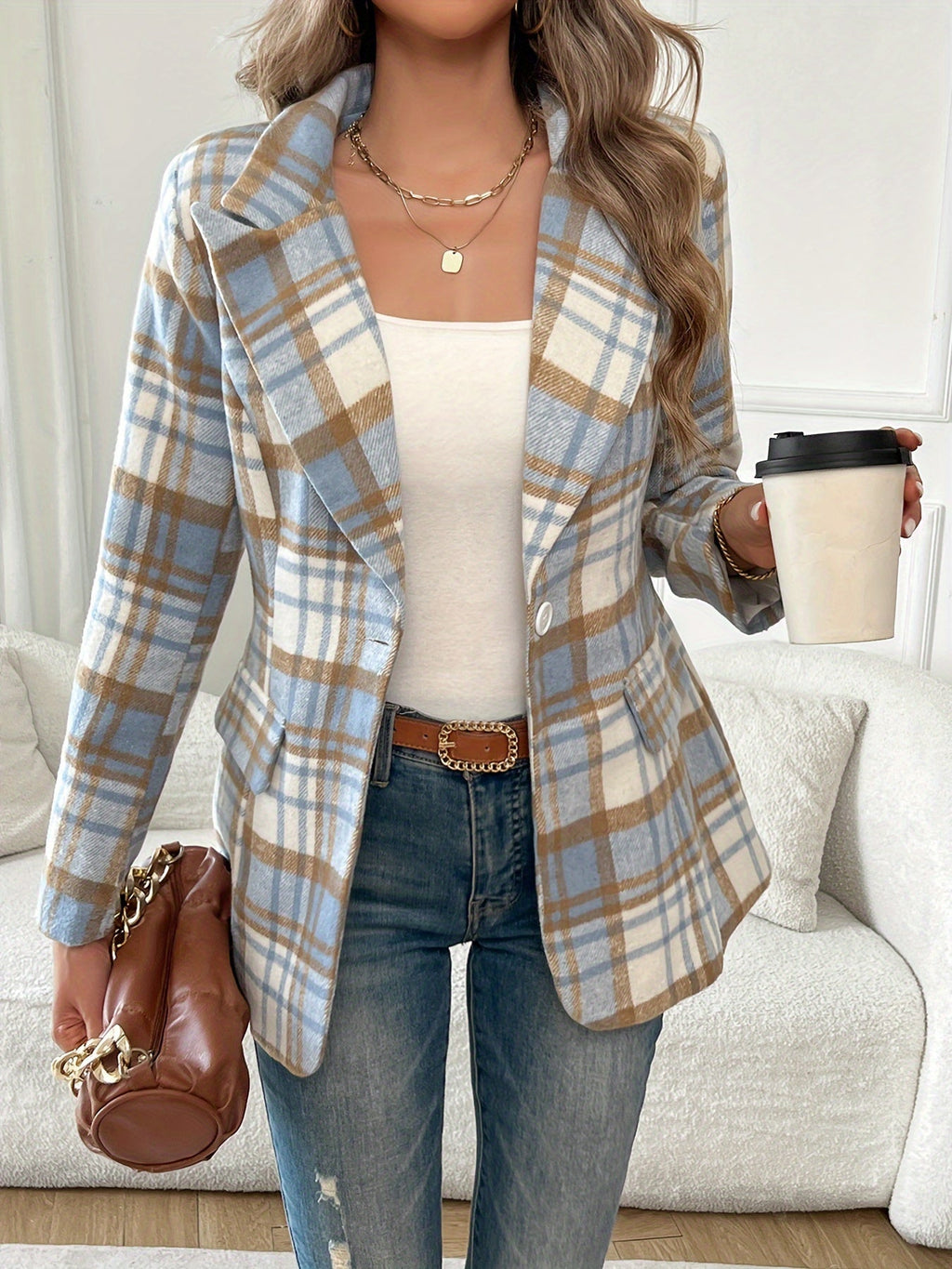 Plaid Blazer Women's Blue Brown Lapel Single-Button Jacket – Office, Casual, Autumn, Gift