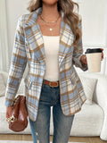Plaid Blazer Women's Blue Brown Lapel Single-Button Jacket – Office, Casual, Autumn, Gift