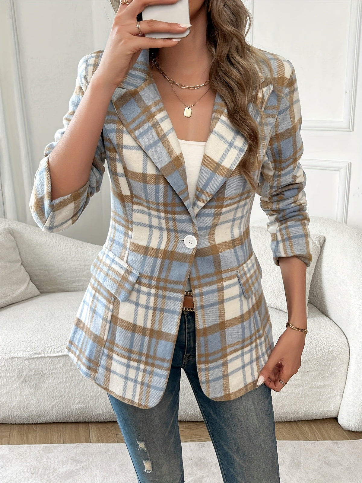 Plaid Blazer Women's Blue Brown Lapel Single-Button Jacket – Office, Casual, Autumn, Gift