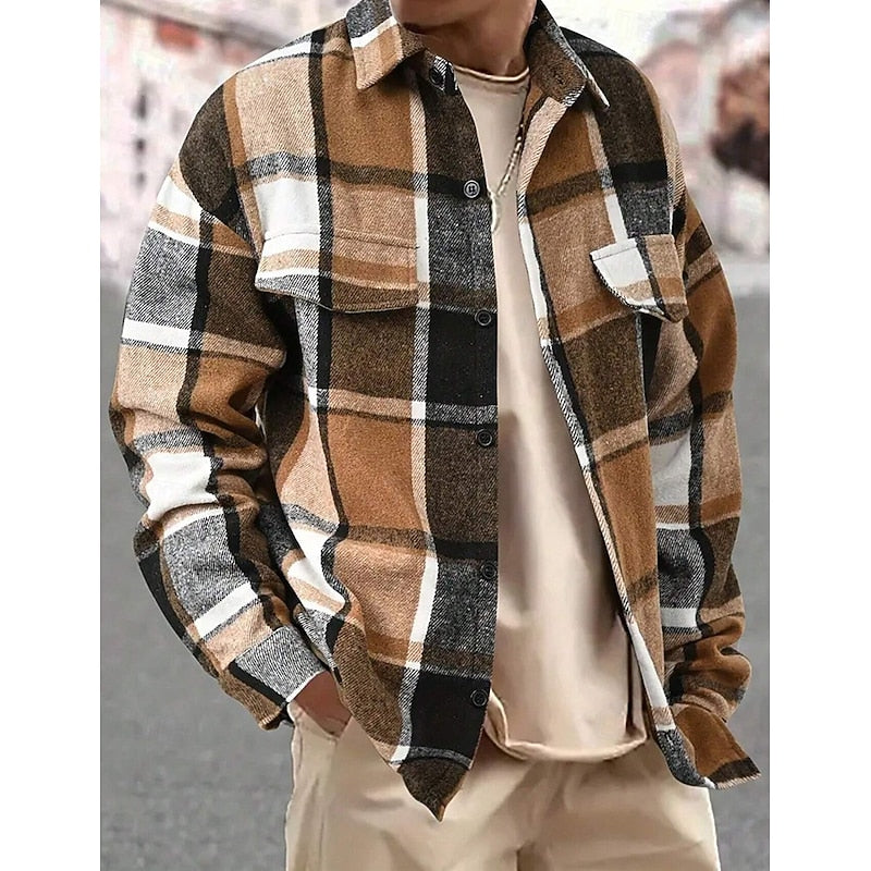 Plaid Flannel Overshirt Men's Long Sleeve Button-Up Shacket – Casual, Autumn Layering