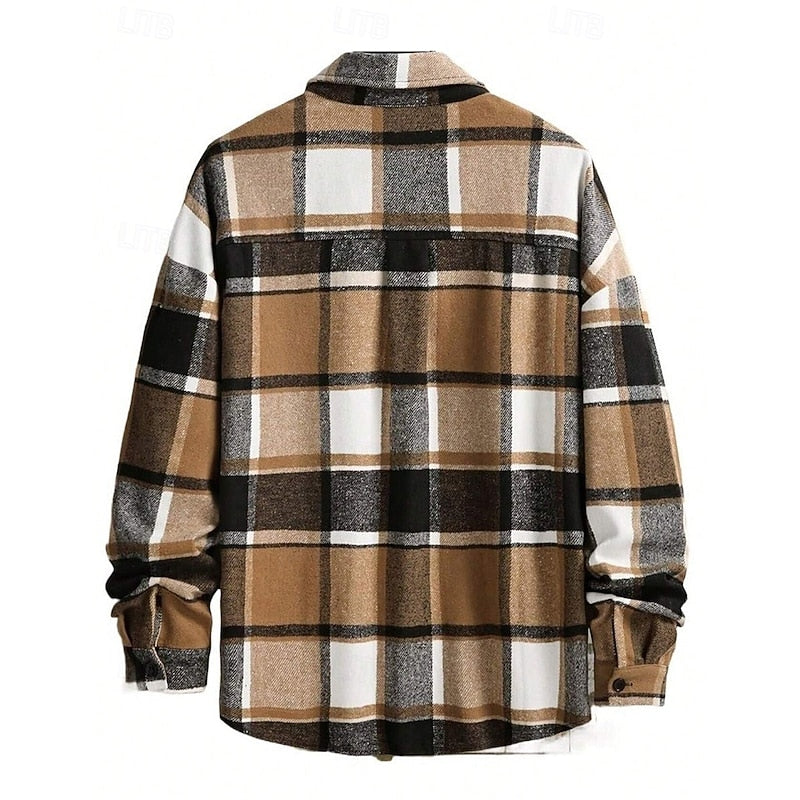 Plaid Flannel Overshirt Men's Long Sleeve Button-Up Shacket – Casual, Autumn Layering