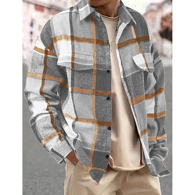 Plaid Flannel Overshirt Men's Long Sleeve Button-Up Shacket – Casual, Autumn Layering