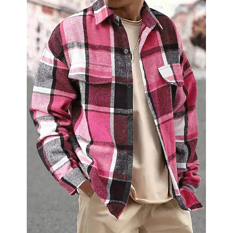 Plaid Flannel Overshirt Men's Long Sleeve Button-Up Shacket – Casual, Autumn Layering