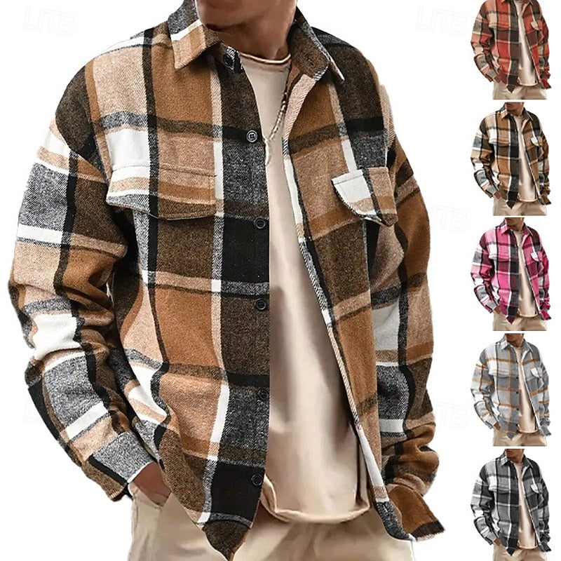 Plaid Flannel Overshirt Men's Long Sleeve Button-Up Shacket – Casual, Autumn Layering