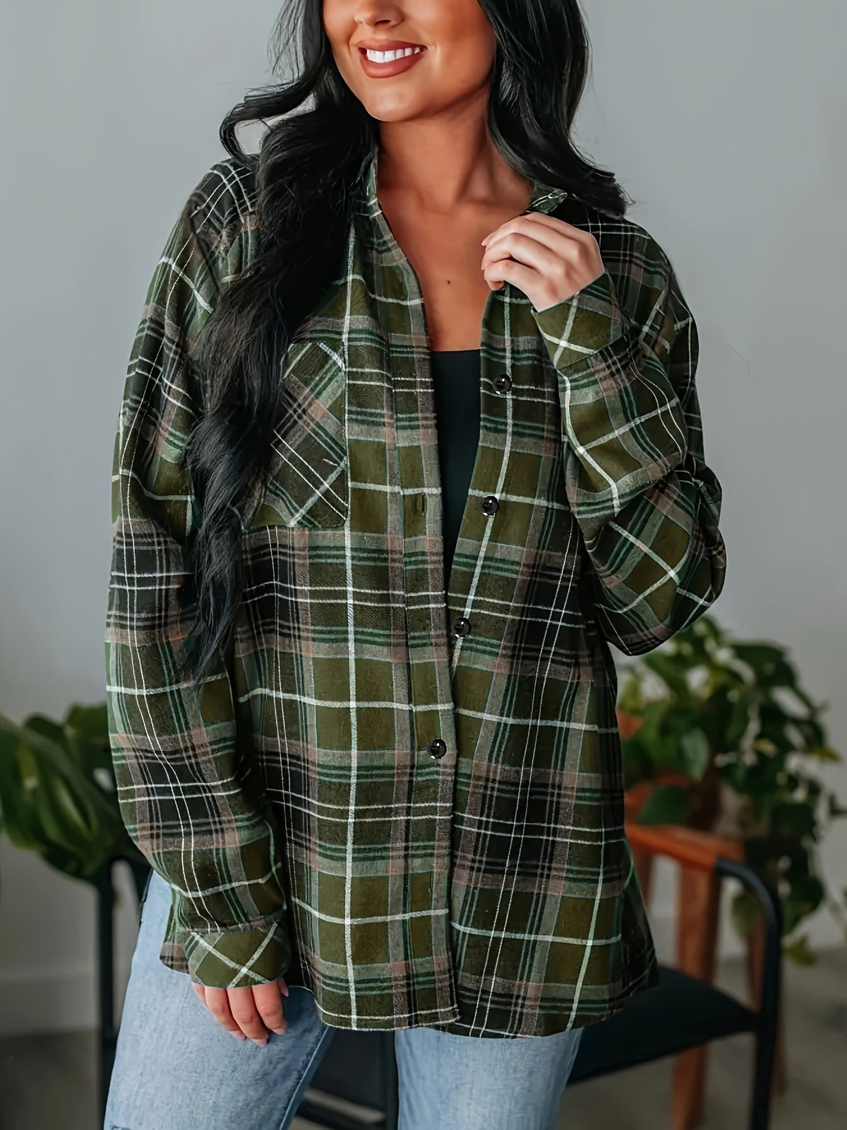 Plaid Flannel Shirt Long Sleeve Women's Green Checked Button-Up – Casual, Layering