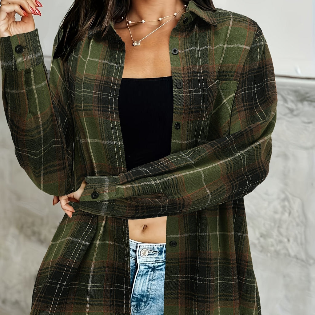 Plaid Flannel Shirt Long Sleeve Women's Green Checked Button-Up – Casual, Layering