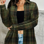 Plaid Flannel Shirt Long Sleeve Women's Green Checked Button-Up – Casual, Layering