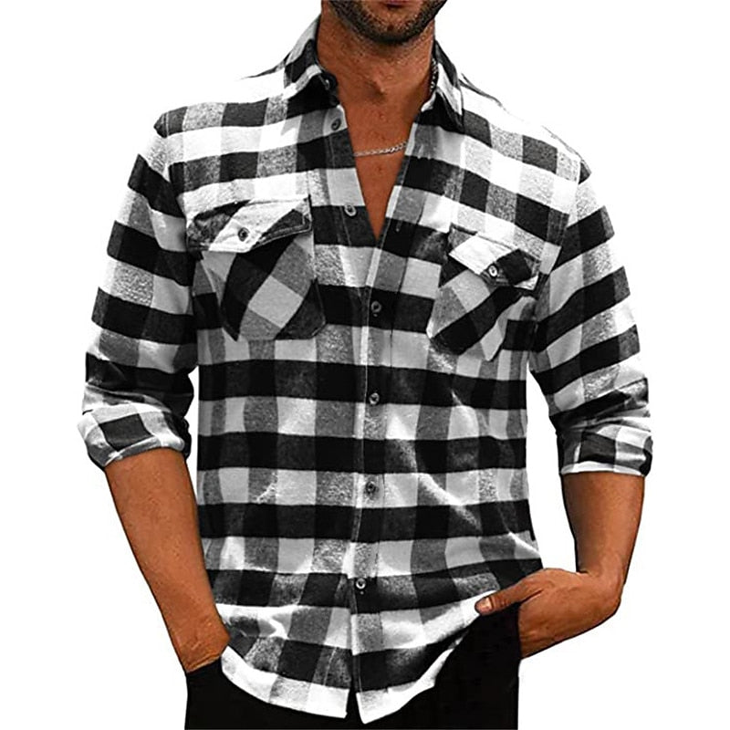 Plaid Flannel Shirt Men's Black White Check Long-Sleeve Button-Down – Casual, Office, Holiday, Gift