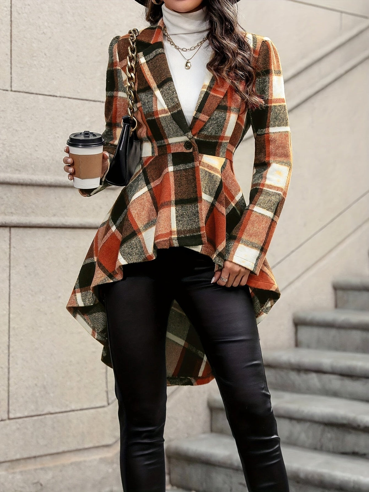 Plaid Jacket Women's Draped High-Low Hem Open Front Long Sleeve – Casual, Office, Autumn Layering
