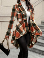Plaid Jacket Women's Draped High-Low Hem Open Front Long Sleeve – Casual, Office, Autumn Layering