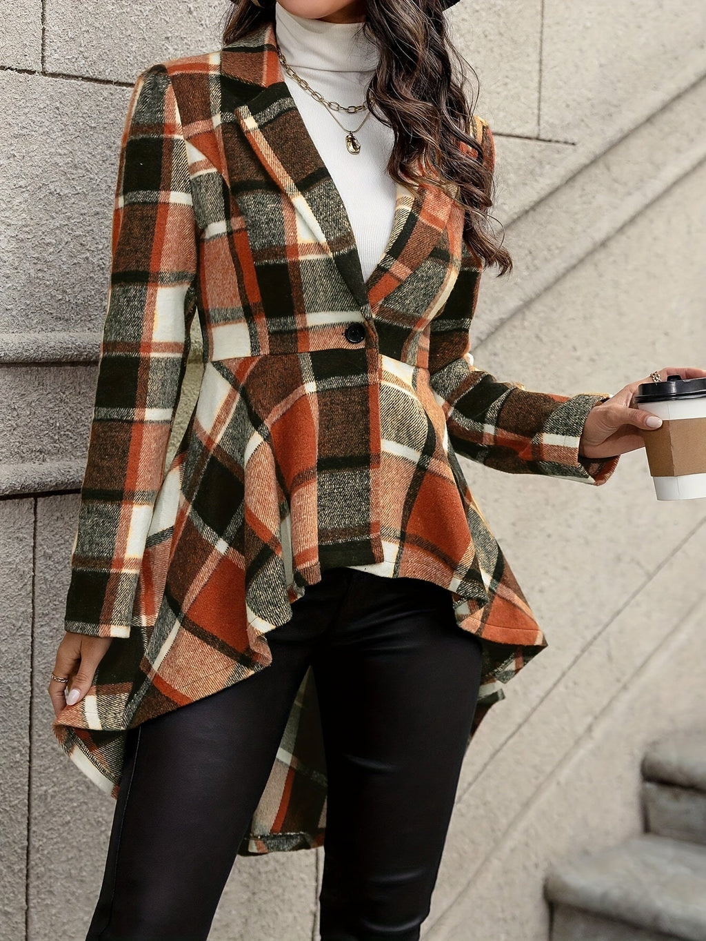 Plaid Jacket Women's Draped High-Low Hem Open Front Long Sleeve – Casual, Office, Autumn Layering