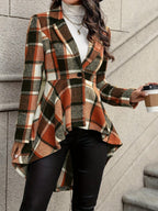 Plaid Jacket Women's Draped High-Low Hem Open Front Long Sleeve – Casual, Office, Autumn Layering