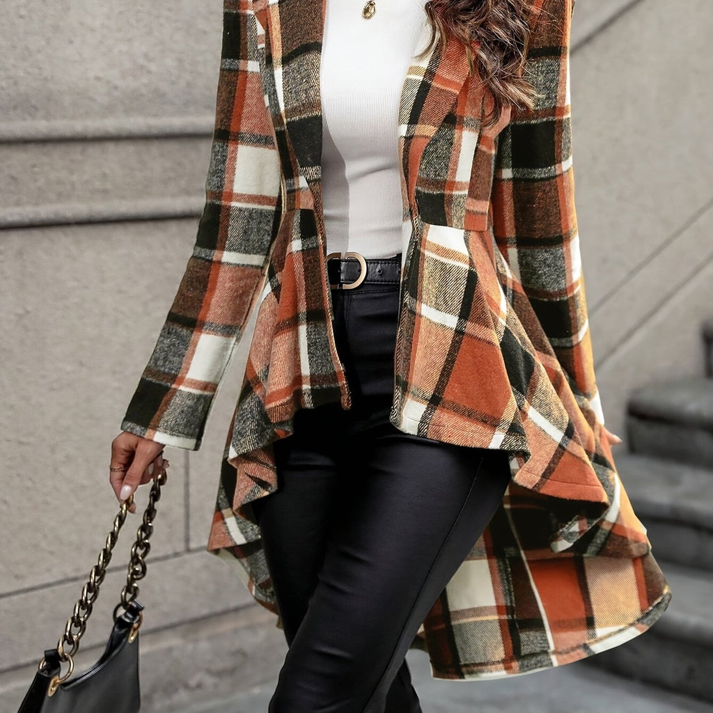 Plaid Jacket Women's Draped High-Low Hem Open Front Long Sleeve – Casual, Office, Autumn Layering