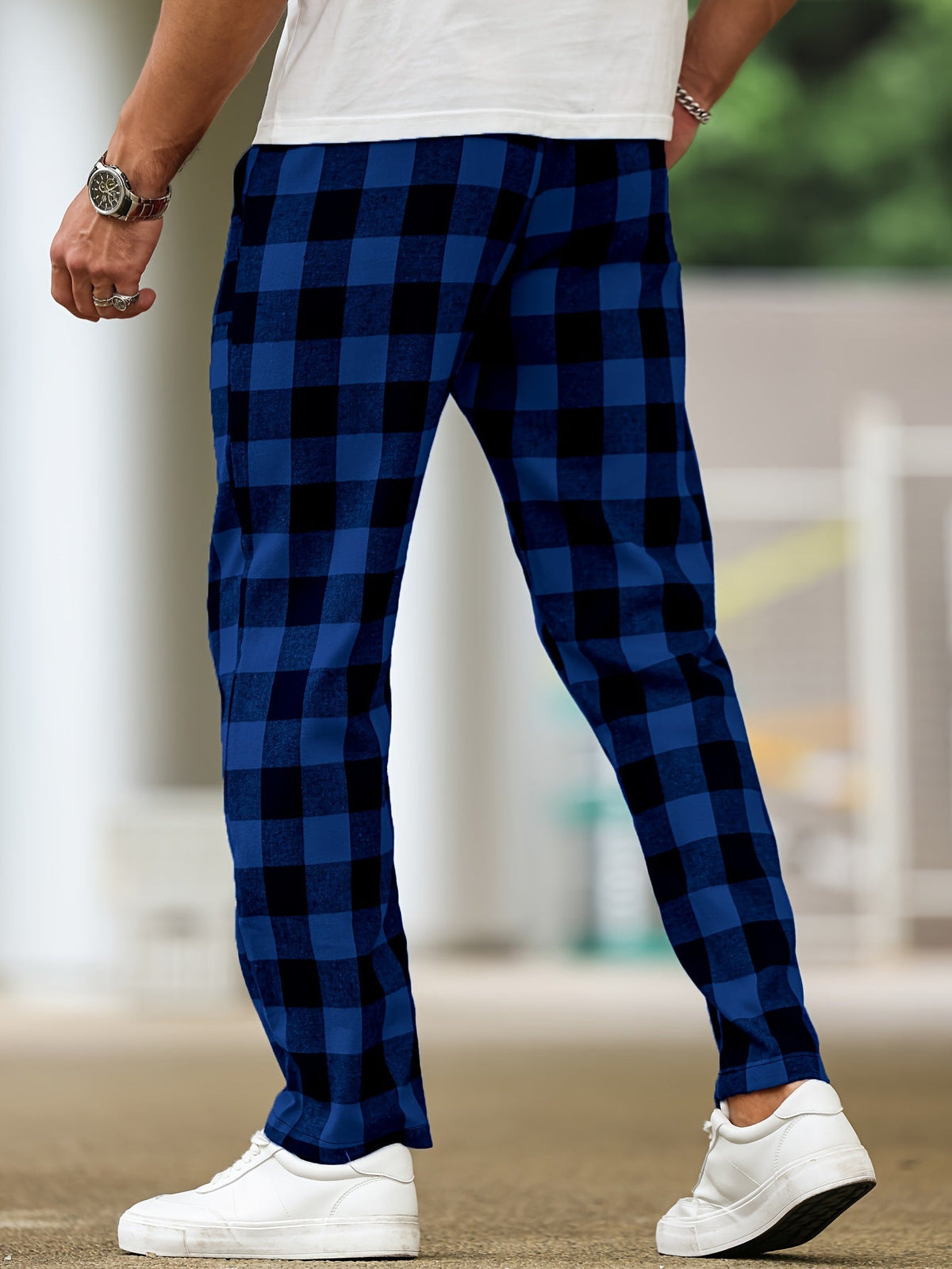 Plaid Lounge Pants Men's Drawstring Black White Check Trousers – Casual, Home Comfort
