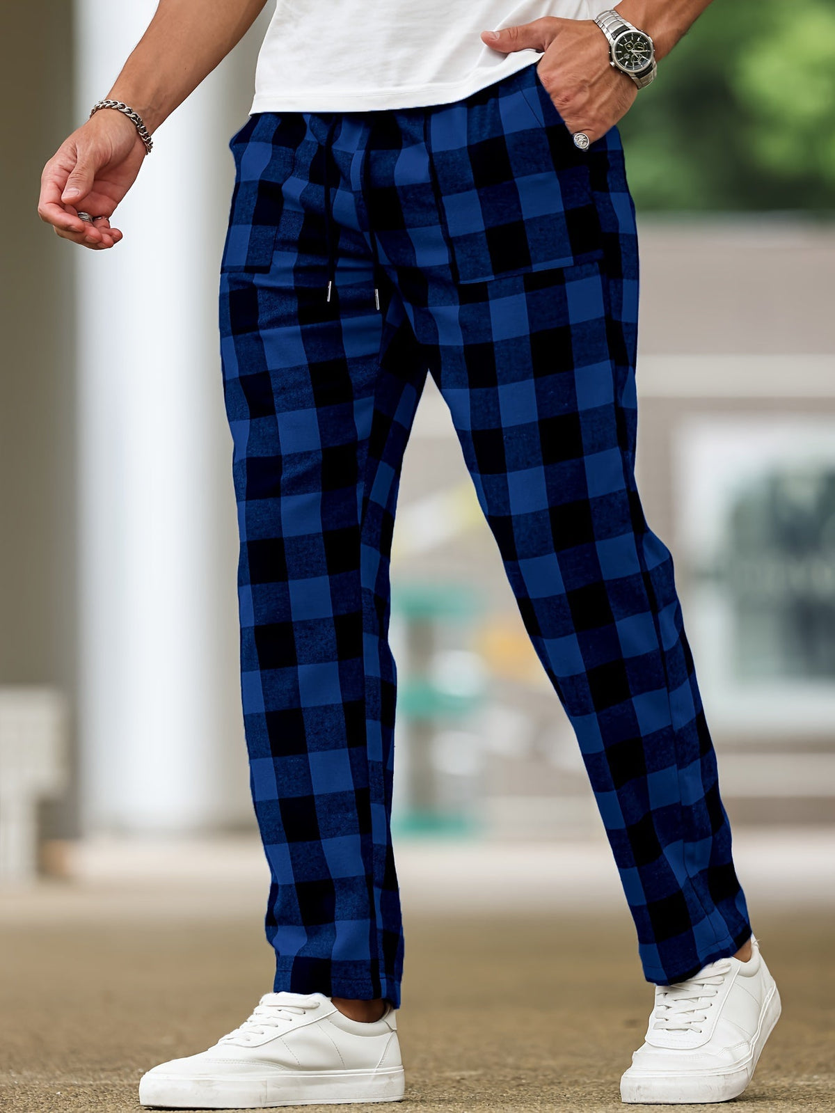 Plaid Lounge Pants Men's Drawstring Black White Check Trousers – Casual, Home Comfort