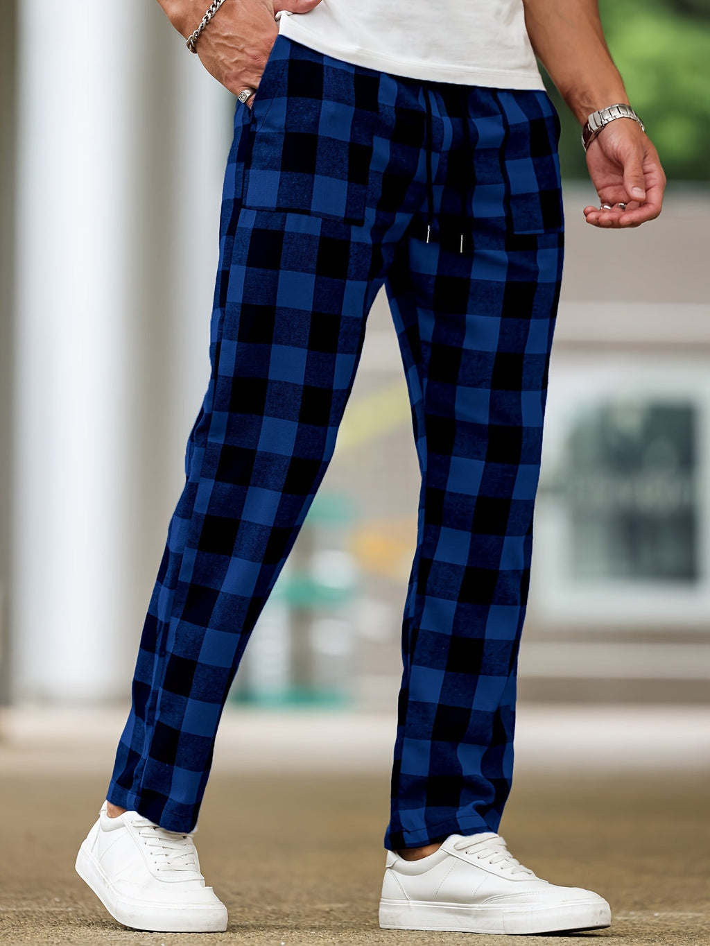 Plaid Lounge Pants Men's Drawstring Black White Check Trousers – Casual, Home Comfort
