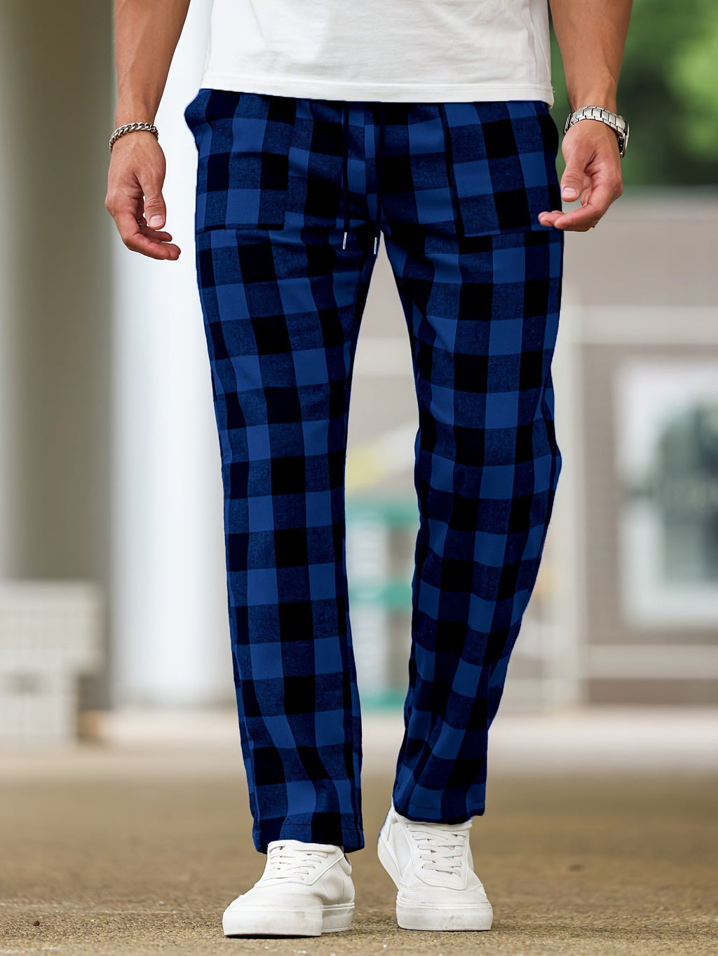 Plaid Lounge Pants Men's Drawstring Black White Check Trousers – Casual, Home Comfort