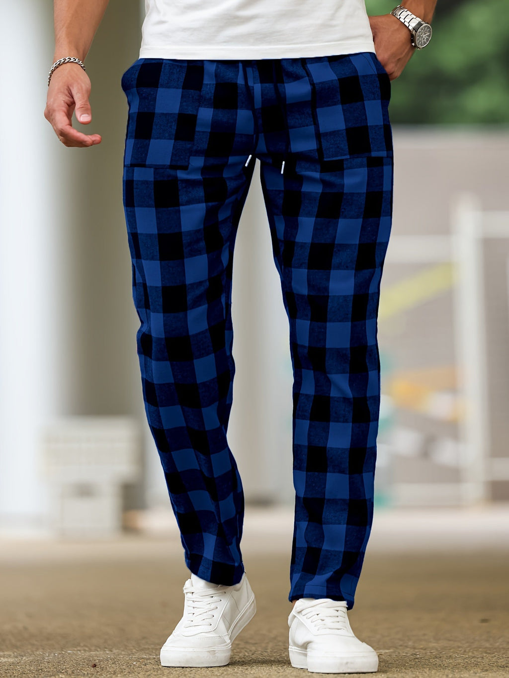Plaid Lounge Pants Men's Drawstring Black White Check Trousers – Casual, Home Comfort