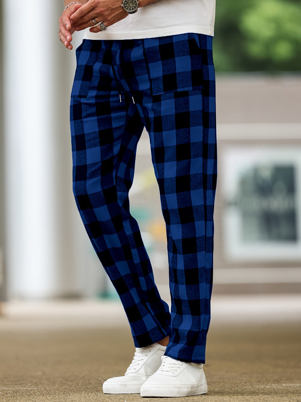 Plaid Lounge Pants Men's Drawstring Black White Check Trousers – Casual, Home Comfort