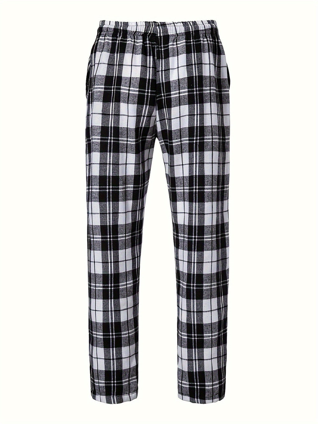 Plaid Lounge Pants Men's Drawstring Black White Check Trousers – Casual, Home Comfort