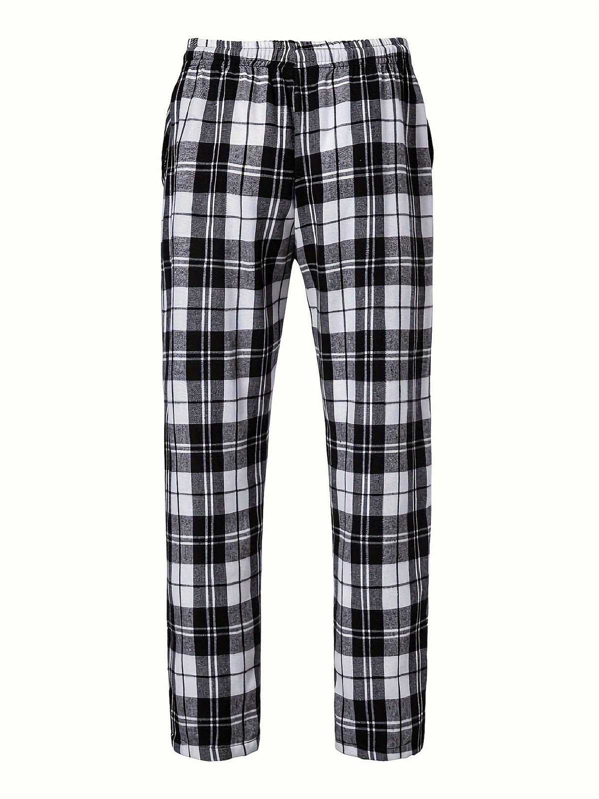 Plaid Lounge Pants Men's Drawstring Black White Check Trousers – Casual, Home Comfort