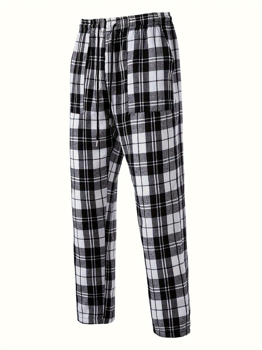 Plaid Lounge Pants Men's Drawstring Black White Check Trousers – Casual, Home Comfort