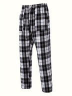 Plaid Lounge Pants Men's Drawstring Black White Check Trousers – Casual, Home Comfort