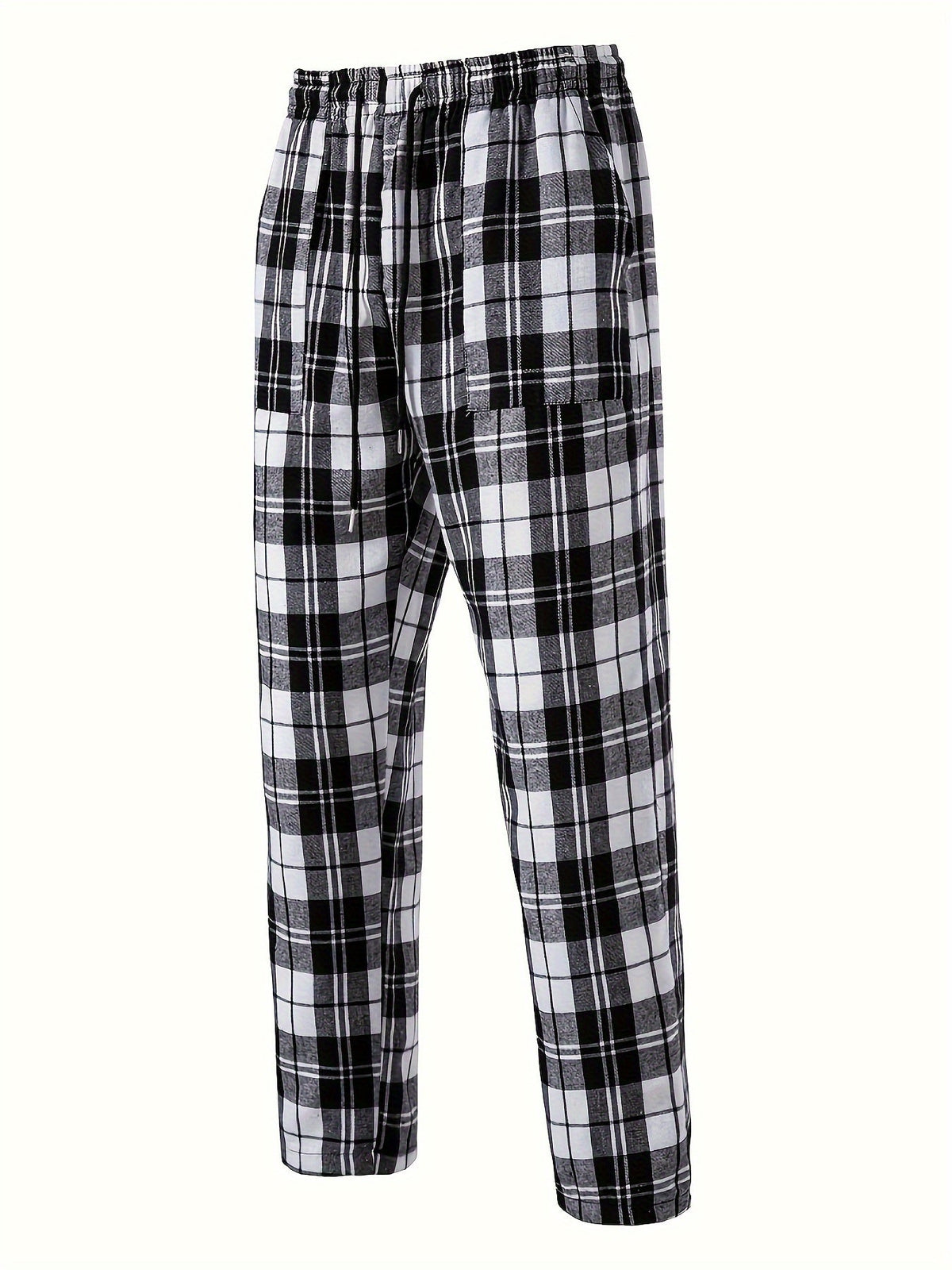 Plaid Lounge Pants Men's Drawstring Black White Check Trousers – Casual, Home Comfort