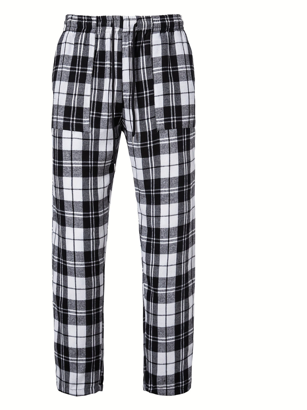 Plaid Lounge Pants Men's Drawstring Black White Check Trousers – Casual, Home Comfort