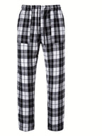 Plaid Lounge Pants Men's Drawstring Black White Check Trousers – Casual, Home Comfort