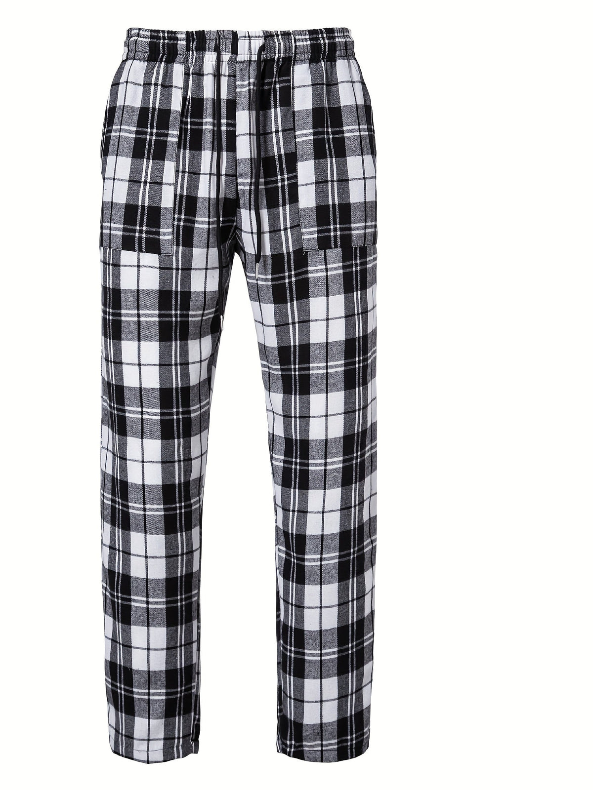 Plaid Lounge Pants Men's Drawstring Black White Check Trousers – Casual, Home Comfort