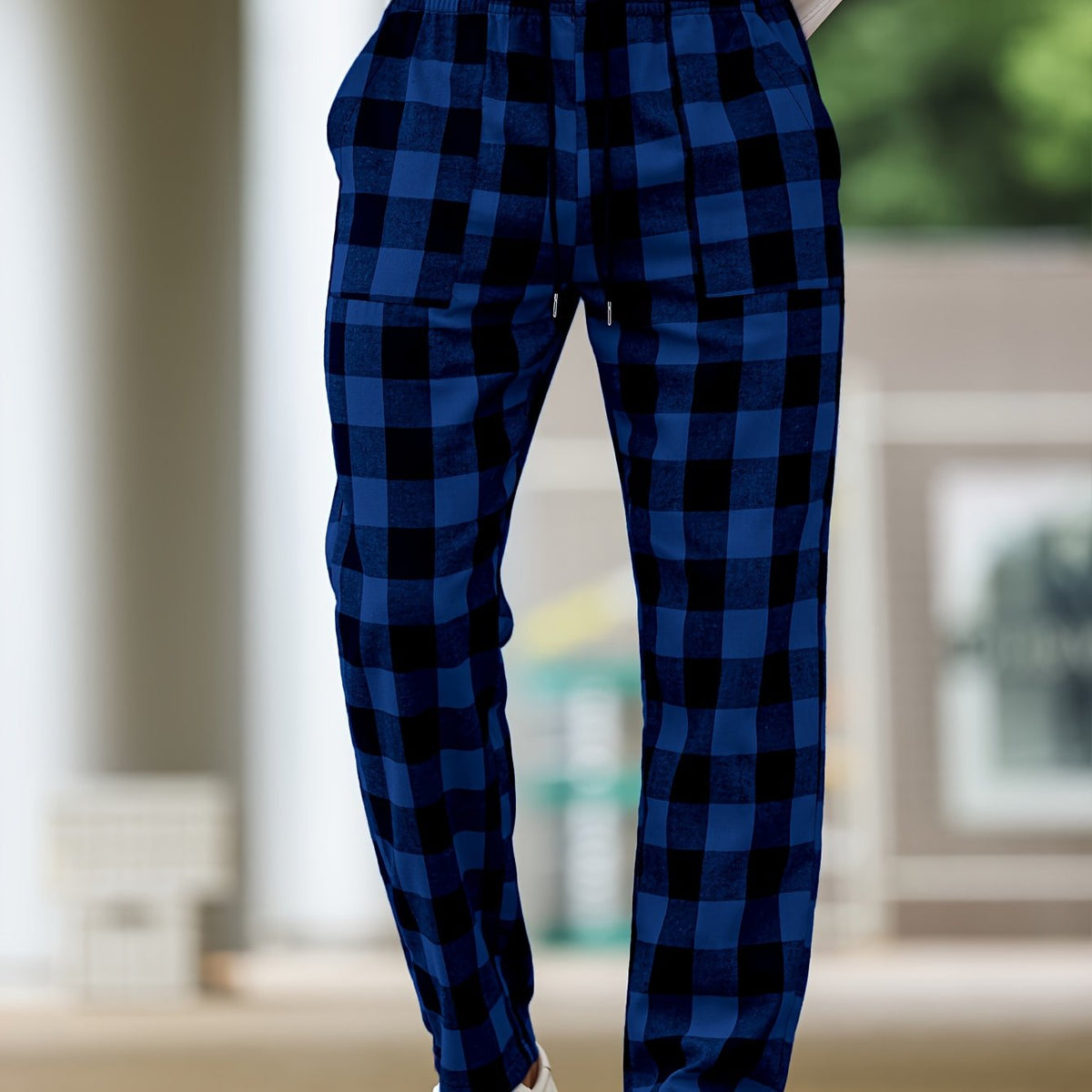 Plaid Lounge Pants Men's Drawstring Black White Check Trousers – Casual, Home Comfort