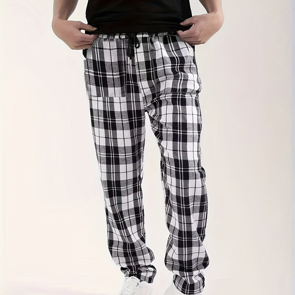 Plaid Lounge Pants Men's Drawstring Black White Check Trousers – Casual, Home Comfort