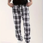 Plaid Lounge Pants Men's Drawstring Black White Check Trousers – Casual, Home Comfort