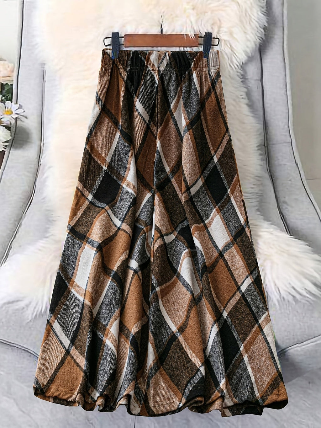 Plaid Maxi Skirt Flared A-Line Brown Women's – Casual, Office, Holiday, Autumn Everyday Wear