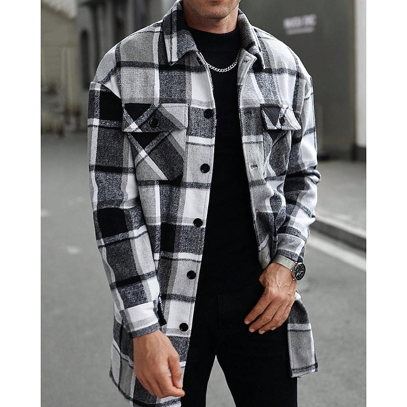 Plaid Overshirt Men's Long Sleeve Button-Up Shacket with Chest Pockets – Casual, Autumn Layering